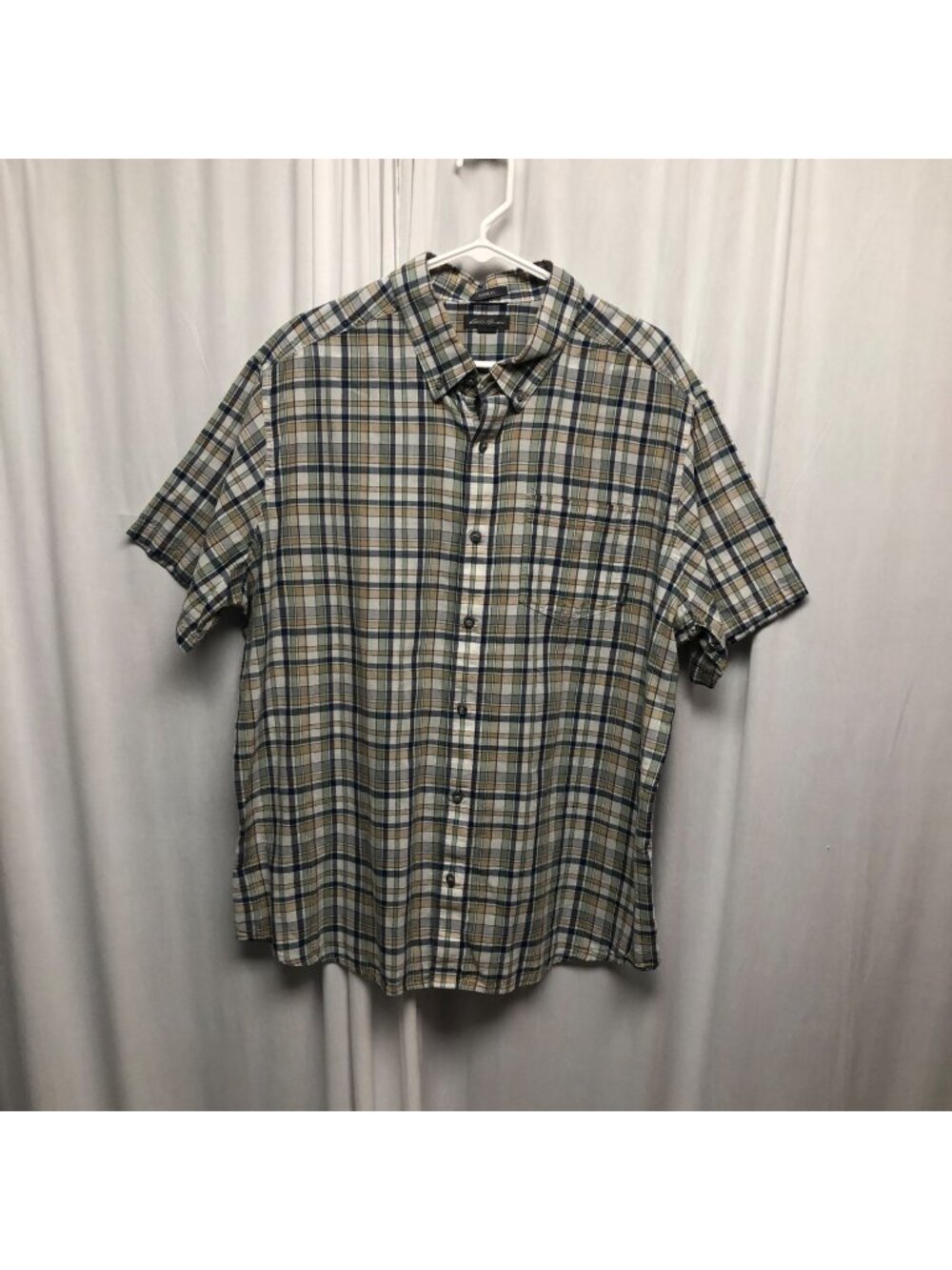 Eddie Bauer Plaid Short Sleeve Shirt Mens Size 2XL Beige Blue Cotton Classic Fit